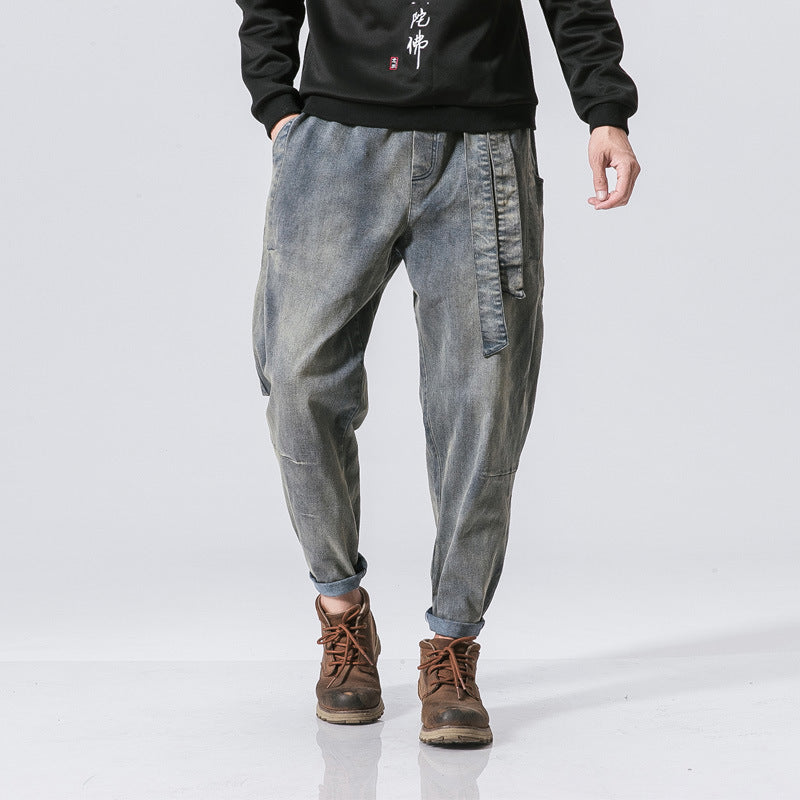 Chinese style pants loose washed distressed loose japanese trousers jeans