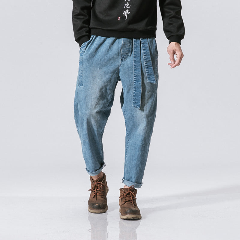 Chinese style pants loose washed distressed loose japanese trousers jeans