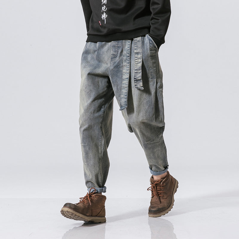 Chinese style pants loose washed distressed loose japanese trousers jeans