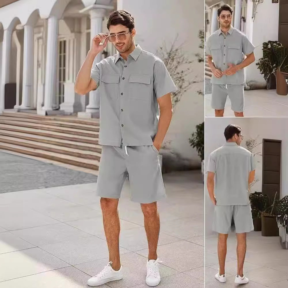 Summer Suits Men Short Sleeve Lapel Pockets Shirt And Drawstring Shorts Sports Fashion Leisure Men's Clothing