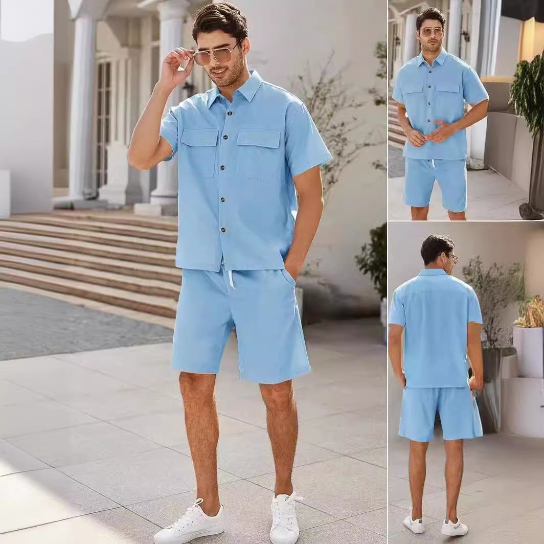 Summer Suits Men Short Sleeve Lapel Pockets Shirt And Drawstring Shorts Sports Fashion Leisure Men's Clothing