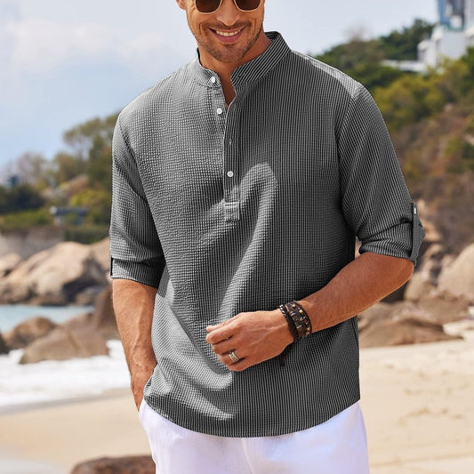 Men's Casual Shirt  Long Sleeve Stand Collar Solid Color Shirt Mens Clothing